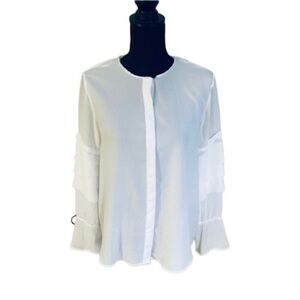 Zara Basic Sheer White Button Down Detail Sleeves Top Blouse Size L